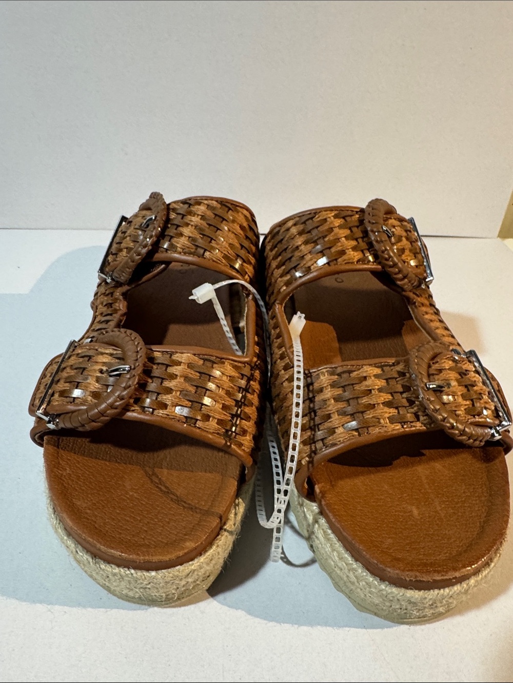 Woven Tan Platform Slide Sandals with Buckle Straps